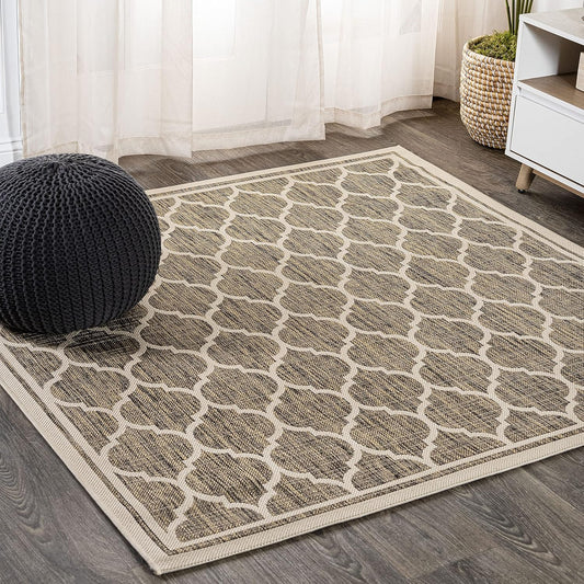 Eyely BMS109A-4SQ Santa Monica Trebol Moroccan Trellis Textured Weave, Pet Friendly, Non-Shedding, Stain Resistant, Easy-Cleaning, Brown/Beige, 4' Square, Indoor/Outdoor, Area Rug