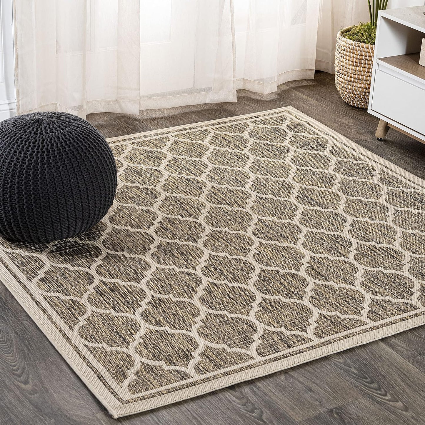 Eyely BMS109A-5SQ Santa Monica Trebol Moroccan Trellis Textured Weave Indoor/Outdoor Area Rug Coastal;Bohemian, Bedroom, Backyard, Patio, Easy-Cleaning, Non-Shedding, 5' Square, Brown/Beige