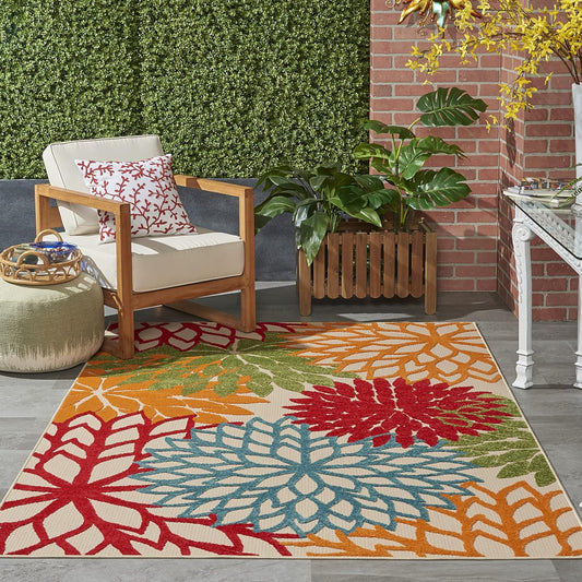 Nourison Aloha Indoor/Outdoor Green 5'3" x 7'5" Area Rug, Tropical, Botanical, Easy Clean, Non Shedding, Bed Room, Living Room, Dining Room, Deck, Backyard, Patio (5x7)