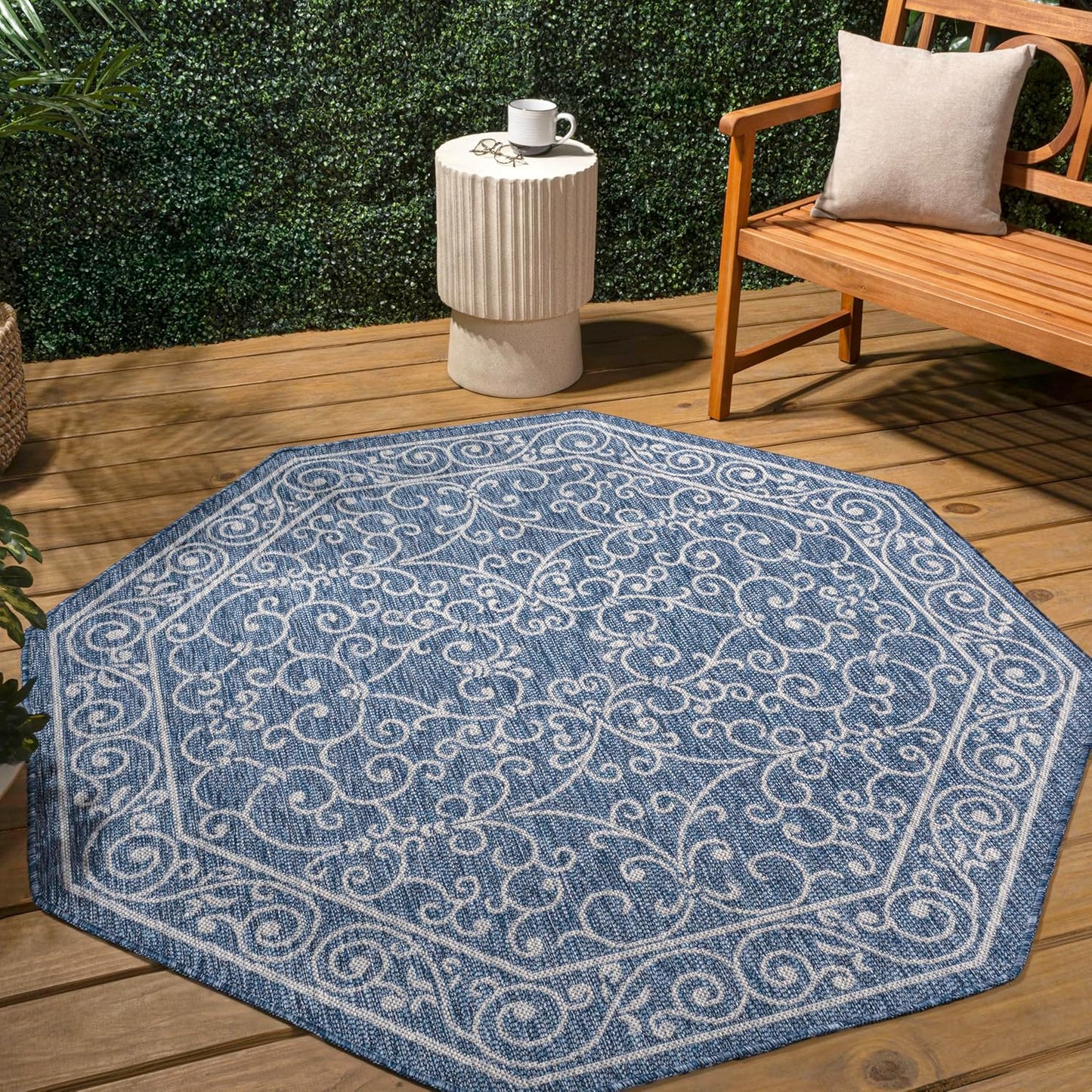 JONATHAN Y SMB106D-8TGN Charleston Vintage Filigree Textured Weave Navy/Gray 8' Octagon Indoor/Outdoor Area Rug, Non-Shedding, Stain Resistant,Fade Resistant, Easy-Cleaning for Backyard Patio, Porch