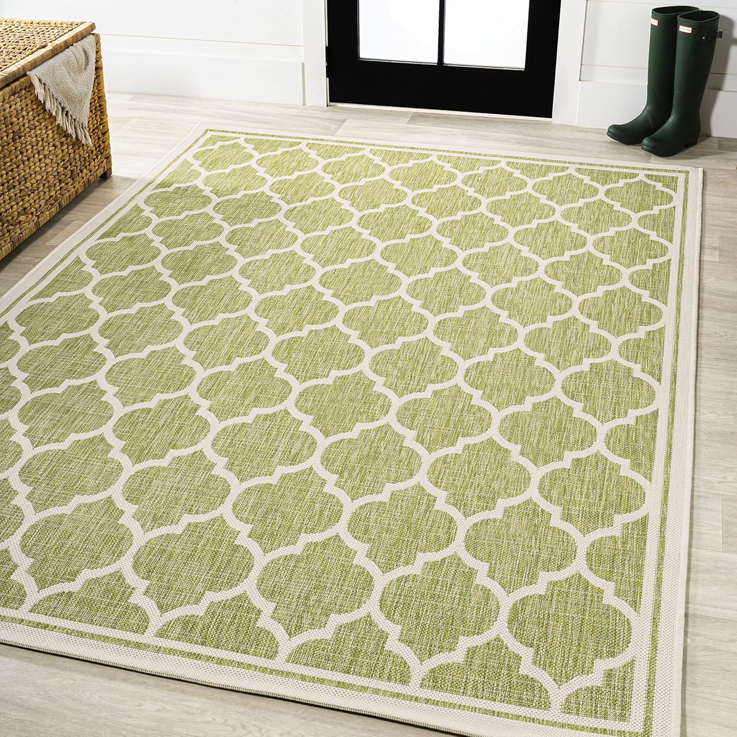 Eyely BMS109G-9 Santa Monica Trebol Moroccan Trellis Textured Weave Indoor/Outdoor Area Rug Coastal;Bohemian, Bedroom, Backyard, Patio, Easy-Cleaning, Non-Shedding, 9 X 12, Green/Cream