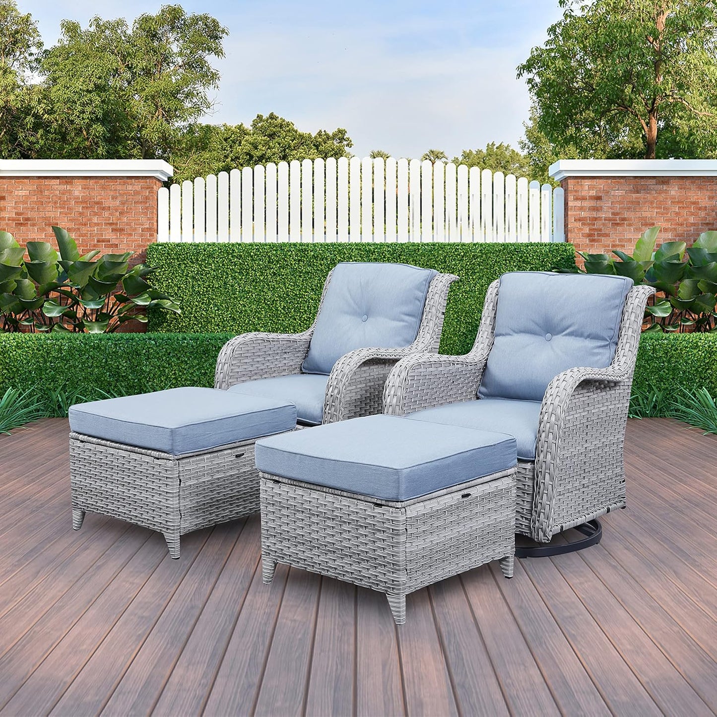 5 Piece Outdoor Patio Furniture Set - Wicker Furniture Patio Conversation Set, Outdoor Swivel Rocker Chairs with 3-Seater Sofa and 2 Ottomans for Small Space, Baby Blue Cushion