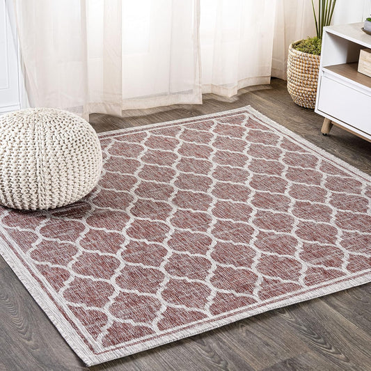 Eyely BMS109C-3SQ Santa Monica Trebol Moroccan Trellis Textured Weave, Pet Friendly, Non-Shedding, Stain Resistant, Easy-Cleaning, Red/Beige, 3' Square, Indoor/Outdoor, Area Rug