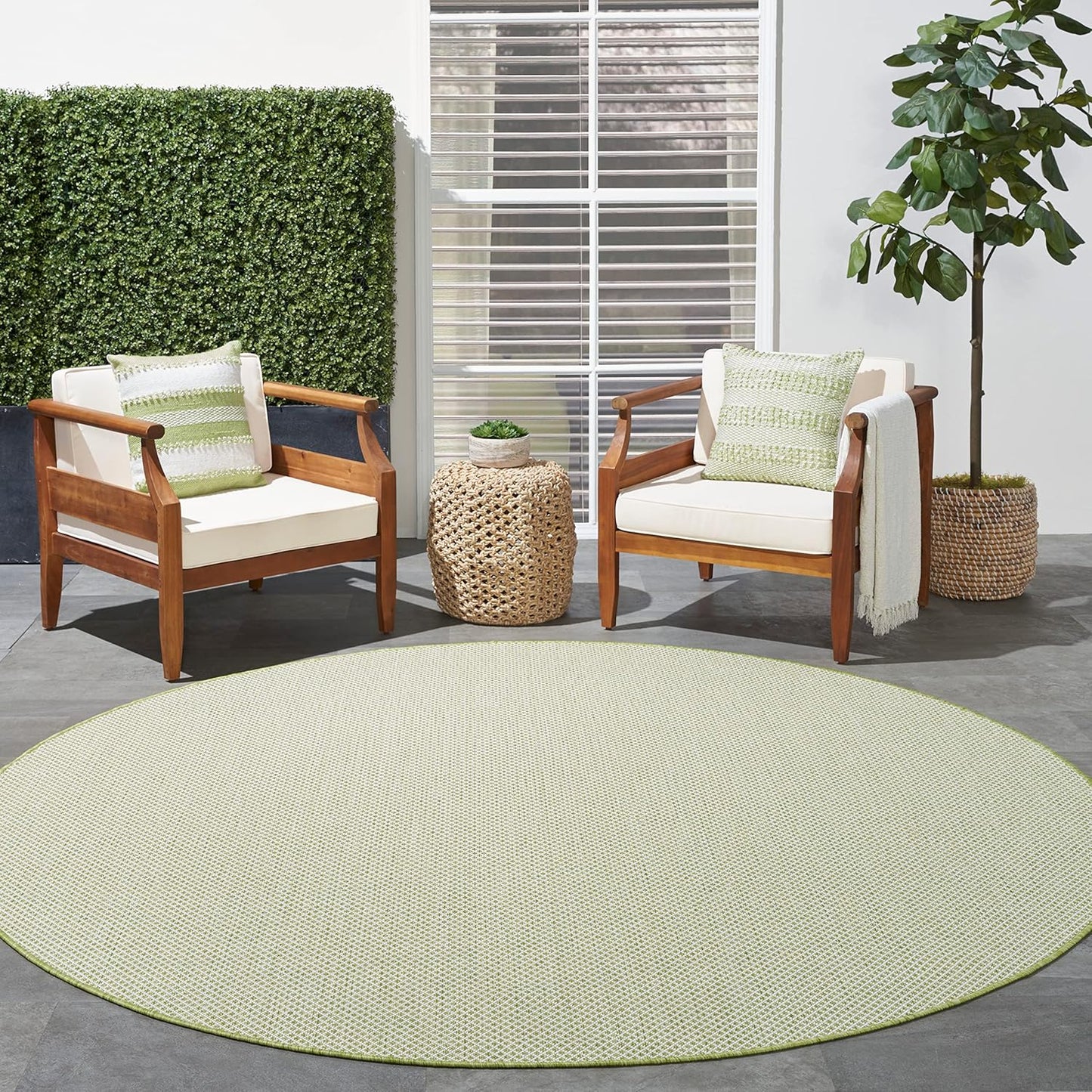 Nourison Home Courtyard Indoor/Outdoor Ivory Green 6' x Round Area Rug, Easy Cleaning, Non Shedding, Bed Room, Living Room, Dining Room, Backyard, Deck, Patio (6 Round)