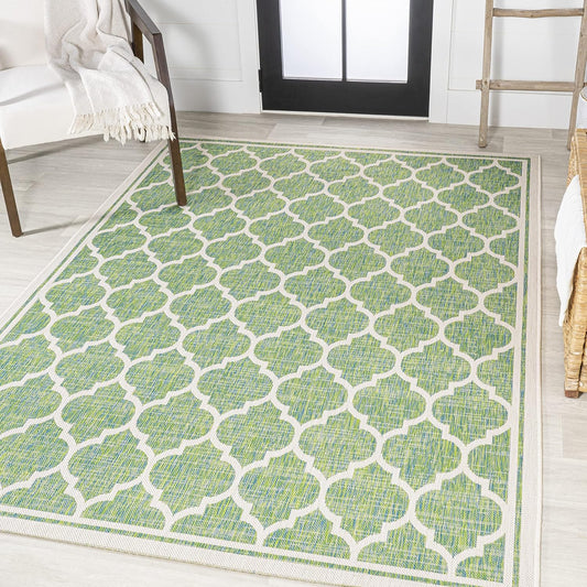 Eyely BMS109I-5 Santa Monica Trebol Moroccan Trellis Textured Weave Indoor/Outdoor Area Rug Coastal;Bohemian, Bedroom, Backyard, Patio, Easy-Cleaning, Non-Shedding, 5 X 8, Cream/Green