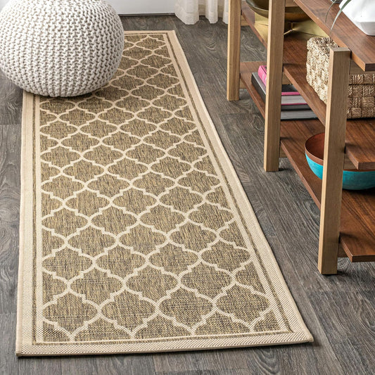 Eyely BMS109A-210 Santa Monica Trebol Moroccan Trellis Textured Weave Indoor/Outdoor Runner Rug Coastal;Bohemian, Bedroom, Backyard, Patio, Easy-Cleaning, Non-Shedding, 2 X 10, Brown/Beige