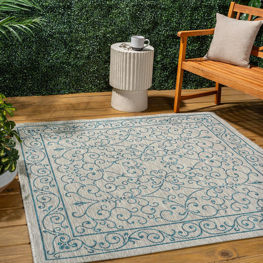 JONATHAN Y SMB106E-9SQ Charleston Vintage Filigree Textured Weave Gray/Teal 9' Square Indoor/Outdoor Area Rug, Pet Friendly, Non-Shedding, Stain Resistant, Easy-Cleaning for Backyard, Patio, Porch