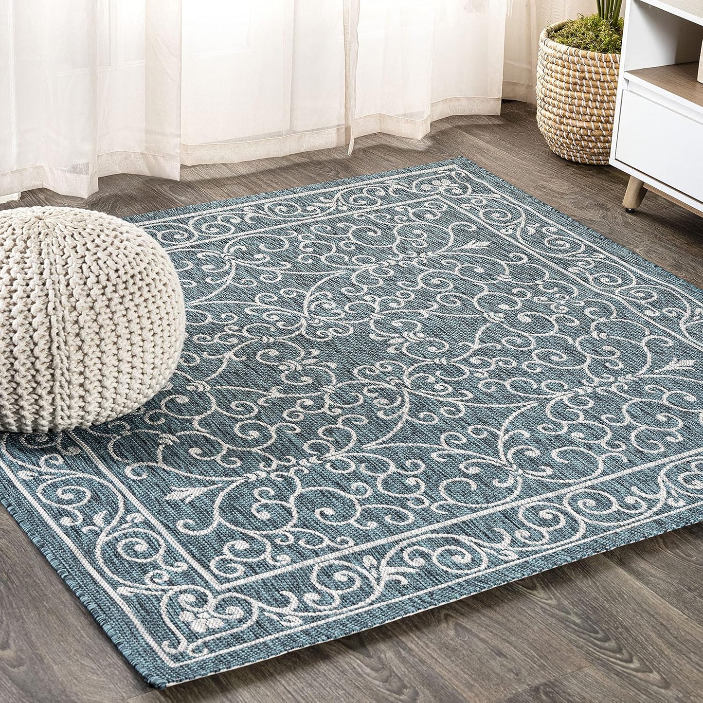 JONATHAN Y SMB106F-8SQ Charleston Vintage Filigree Textured Weave Teal/Gray 8' Square Indoor/Outdoor Area Rug, Pet Friendly, Non-Shedding, Stain Resistant, Easy-Cleaning for Backyard, Patio, Porch