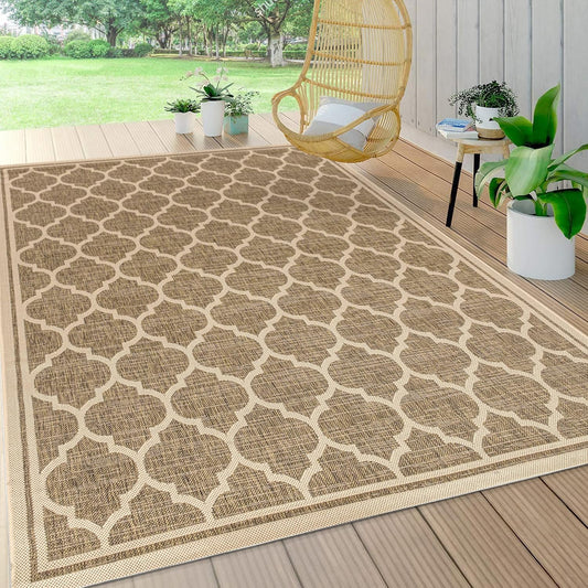 Eyely BMS109A-5 Santa Monica Trebol Moroccan Trellis Textured Weave Indoor/Outdoor Area Rug Coastal;Bohemian, Bedroom, Backyard, Patio, Easy-Cleaning, Non-Shedding, 5 X 8, Brown/Beige