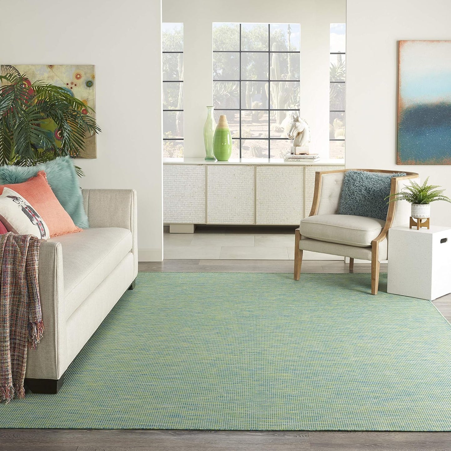 Nourison Positano Indoor/Outdoor Blue/Green 5' x 7' Area Rug, Easy Cleaning, Non Shedding, Bed Room, Living Room, Dining Room, Backyard, Deck, Patio (5x7)