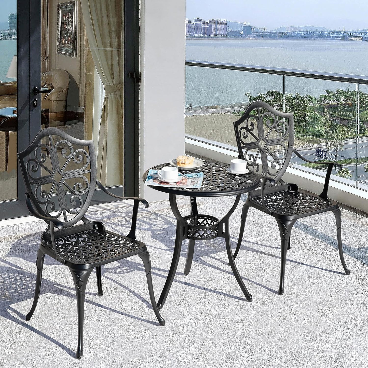 NUU GARDEN 3-Piece Outdoor Bistro Set, Round 24 Inch Cast Aluminum Bistro Table with 2.17" Umbrella Hole and 2 Cast Aluminum Bistro Chairs, for Patio, Garden, Backyard and Balcony, Black