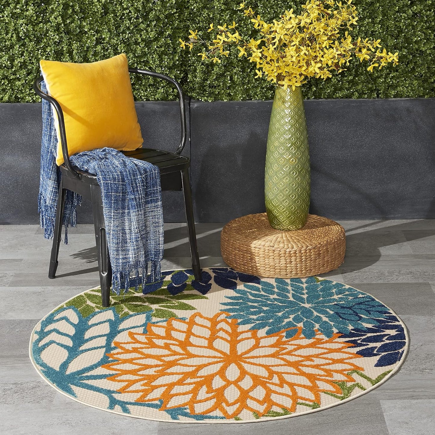 Nourison Home Aloha Indoor/Outdoor Multicolor 4' x Round Area Rug, Tropical, Botanical, Easy Cleaning, Non Shedding, Bed Room, Living Room, Dining Room, Deck, Backyard, Patio (4 Round)