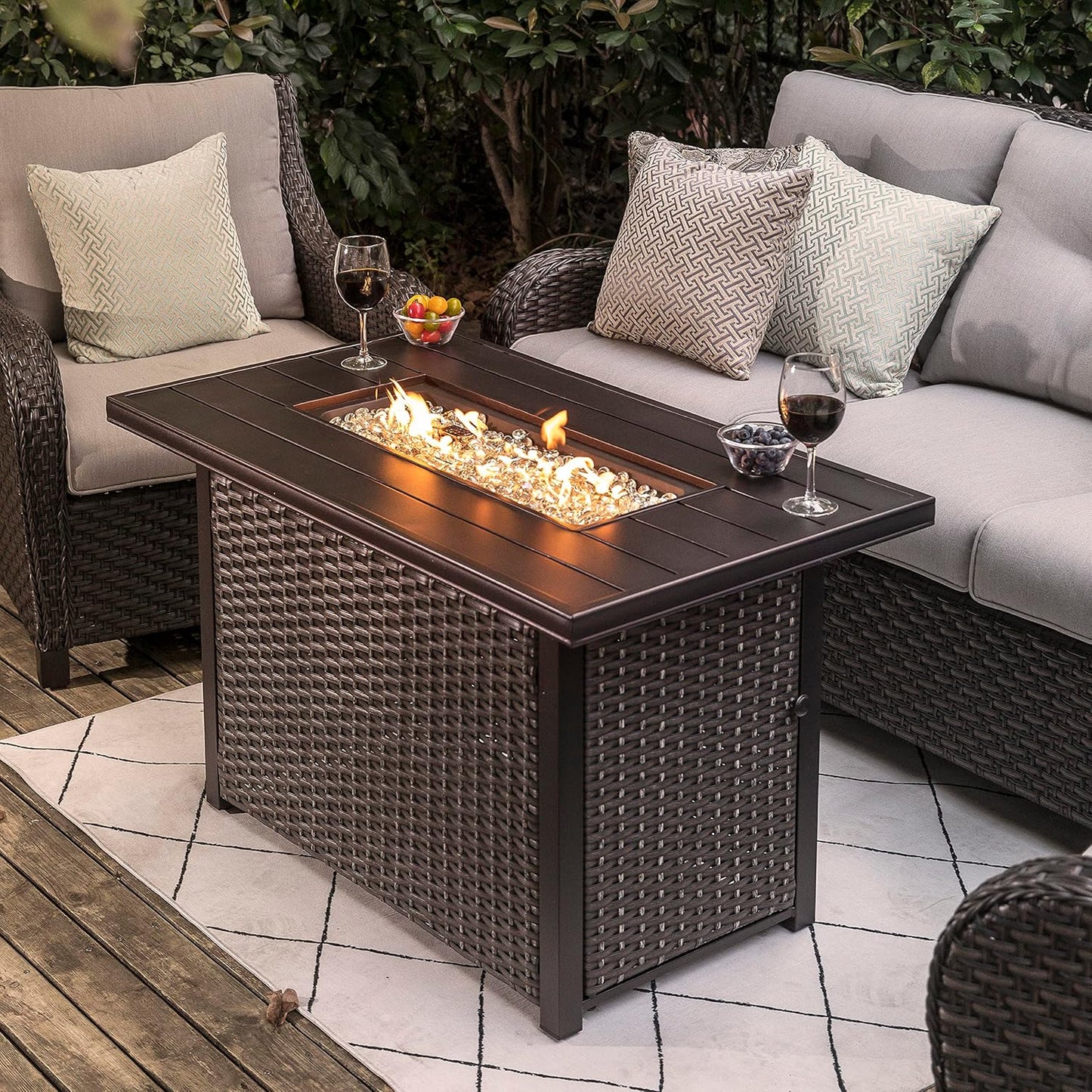 Nuu Garden Outdoor 43 Inch 50,000 BTU Propane Gas Fire Pit Table, Aluminum Tabletop and PE Rattan Weaved Steel Frame, Water-Proof Oxford Cover, Glass Beads, Lid, Dark Brown