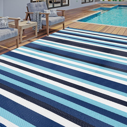 Outdoor Waterproof Rug 9'x12' Plastic Straw Rugs Washable Reversible Floor Mat Blue Stripe Carpet for Camping RV Deck Entryance Porch Picnic Balcony Beach Backyard