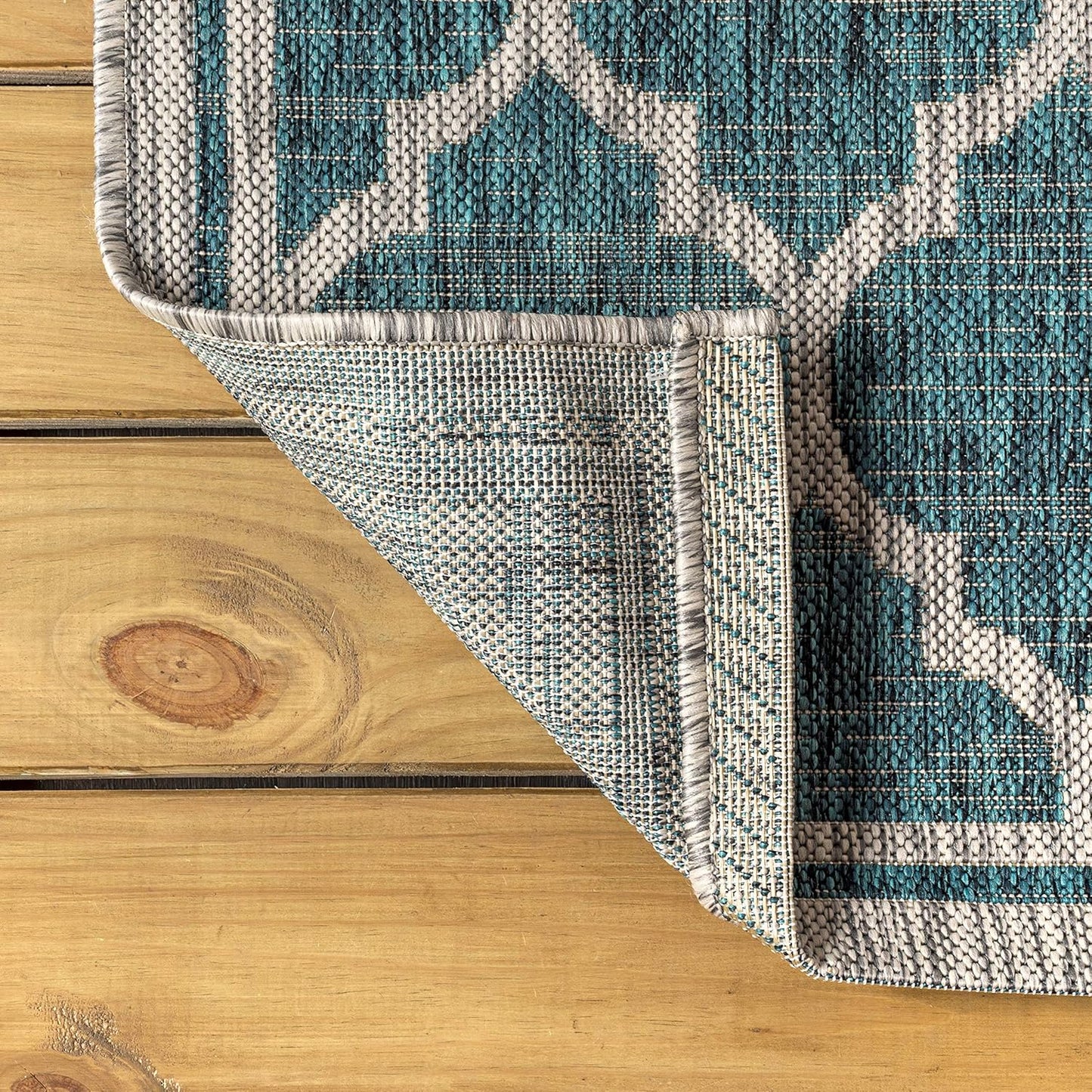 Eyely BMS109E-6SQ Santa Monica Trebol Moroccan Trellis Textured Weave, Pet Friendly, Non-Shedding, Stain Resistant, Easy-Cleaning, Teal/Gray, 6' Square, Indoor/Outdoor, Area Rug
