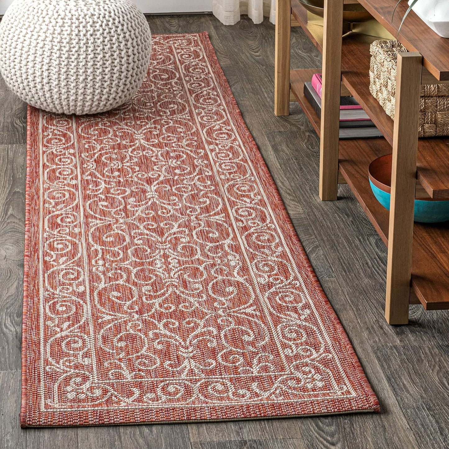 JONATHAN Y SMB106B-28 Charleston Vintage Filigree Textured Weave Indoor/Outdoor Red/Beige 2 ft. x 8 ft. Runner Rug, Classic,Easy Cleaning,HighTraffic,LivingRoom,Backyard, Non Shedding