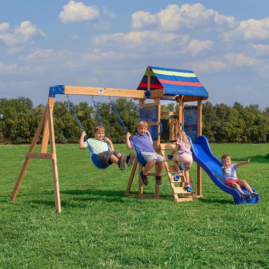 Backyard Discovery Bay Pointe Cedar Wood Swing Set with Wave Slide, Play Deck, Rock Wall Ladder, Belt Swings, Chalkboard, Canopy Roof, Outdoor Playset