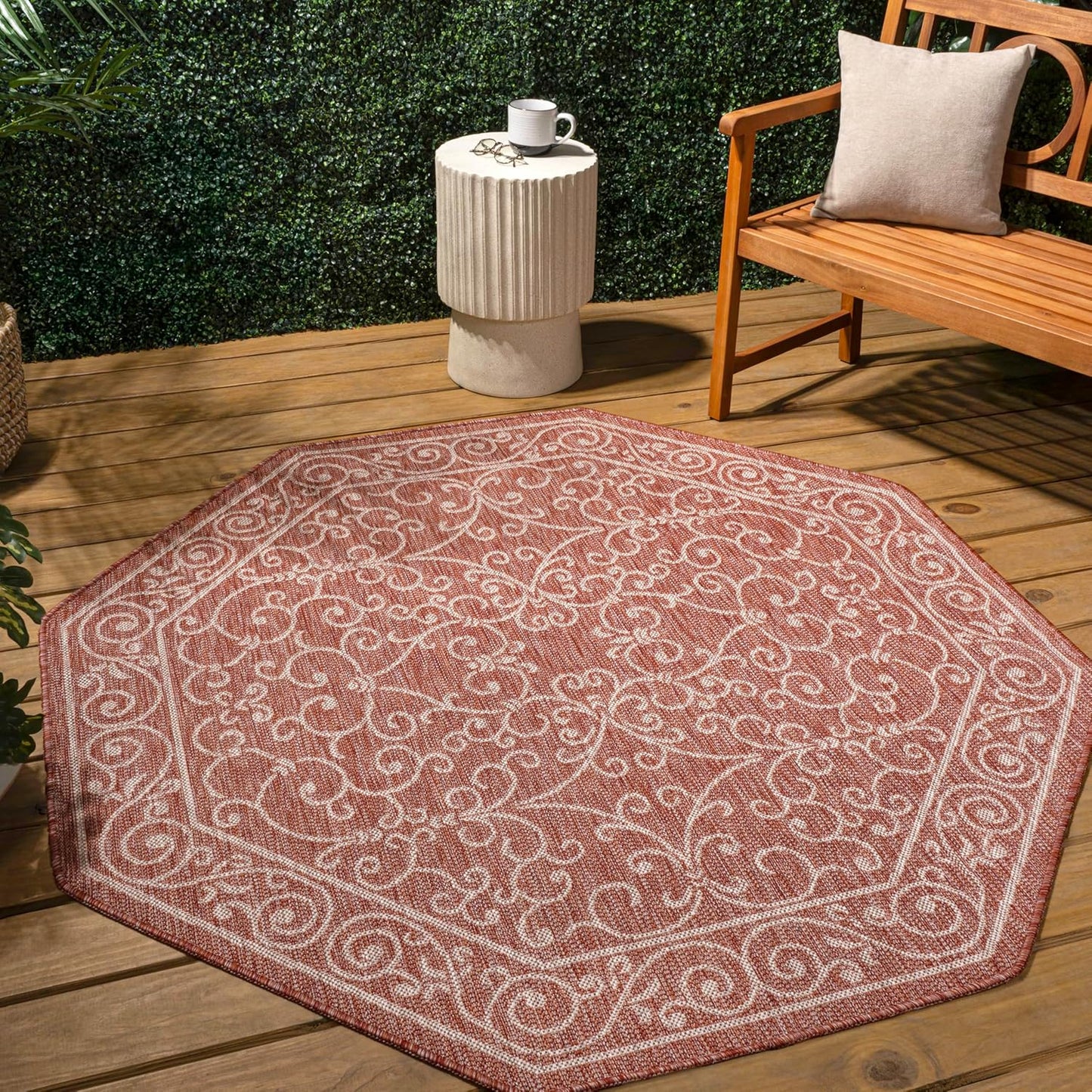 JONATHAN Y SMB106B-5TGN Charleston Vintage Filigree Textured Weave Red/Beige 5' Octagon Indoor/Outdoor Area Rug, Non-Shedding, Stain Resistant,Fade Resistant, Easy-Cleaning for Backyard Patio, Porch