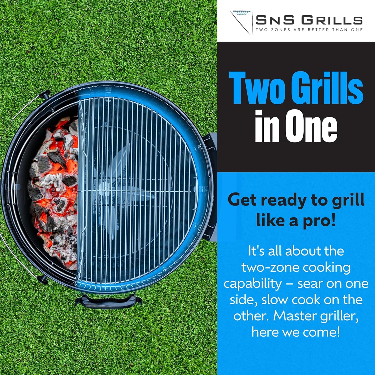 SnS Grills Original Kettle Charcoal Grill with Patented Slow 'N Sear Deluxe Insert and EasySpin Grate for Two-Zone Cooking, Low ‘N Slow Smoking and BBQing - Black 22-Inch