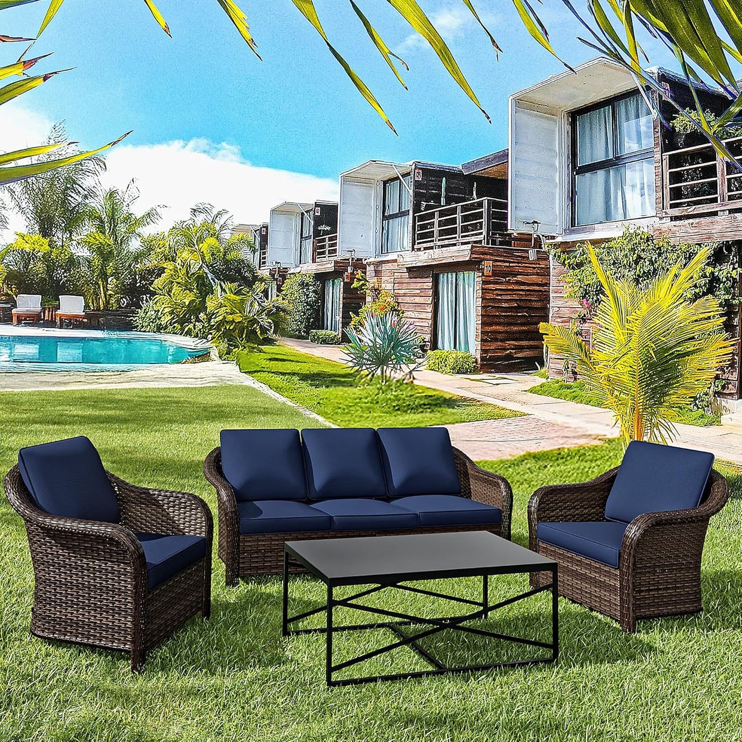 4 Pieces Patio Outdoor Conversation Furniture Set, 78" 3-Seat Couch, 2 Chairs, 47" Metal Coffee Table, Rattan Wicker Sofa with Washable Cushions for Garden, Deck (Navy Blue)