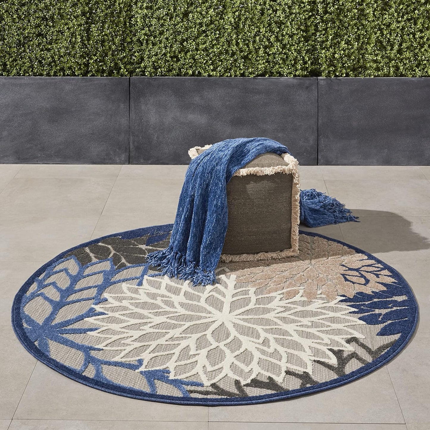 Nourison Aloha Indoor/Outdoor Blue/Multicolor 5'3" x Round Area Rug, Tropical, Botanical, Easy Cleaning, Non Shedding, Bed Room, Living Room, Dining Room, Deck, Backyard, Patio (5 Round)