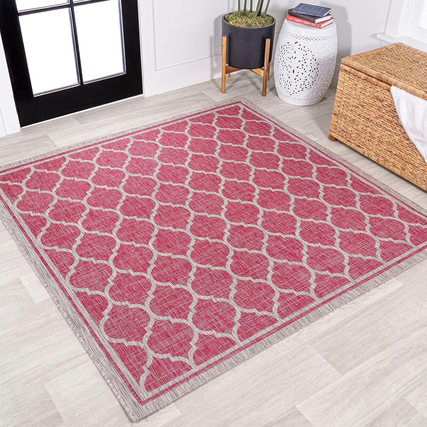 Eyely BMS109H-5SQ Santa Monica Trebol Moroccan Trellis Textured Weave Indoor/Outdoor Area Rug Coastal;Bohemian, Bedroom, Backyard, Patio, Easy-Cleaning, Non-Shedding, 5' Square, Fuchsia/Light Gray