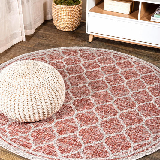Eyely BMS109C-5R Santa Monica Trebol Moroccan Trellis Textured Weave Indoor/Outdoor Area Rug Coastal;Bohemian, Bedroom, Backyard, Patio, Easy-Cleaning, Non-Shedding, 5' Round, Red/Beige