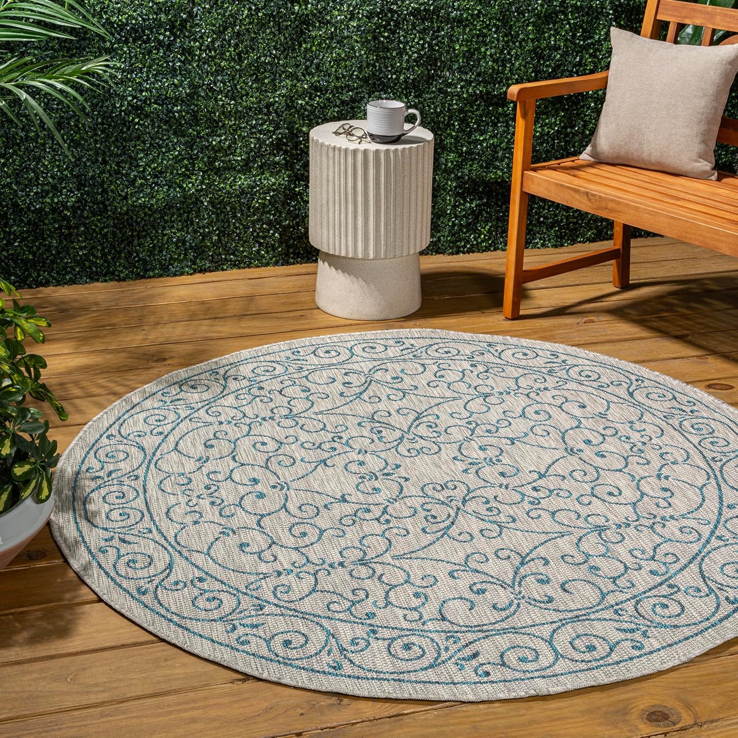 JONATHAN Y SMB106E-6R Charleston Vintage Filigree Textured Weave Gray/Teal 6' Round Indoor/Outdoor Area Rug, Pet Friendly, Non-Shedding, Stain Resistant, Easy-Cleaning for Backyard, Patio, Porch