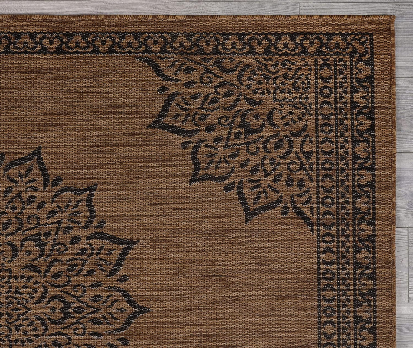 CAMILSON Outdoor Rug 8x10 Medallion Nut Brown Black Modern Area Rugs for Indoor and Outdoor Patios, Kitchen and Hallway Rug, Washable Porch Deck Outside Carpet (8 x 10)