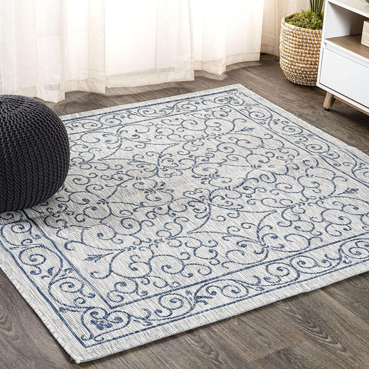JONATHAN Y SMB106C-4SQ Charleston Vintage Filigree Textured Weave Gray/Navy 4' Square Indoor/Outdoor Area Rug, Pet Friendly, Non-Shedding, Stain Resistant, Easy-Cleaning for Backyard, Patio, Porch
