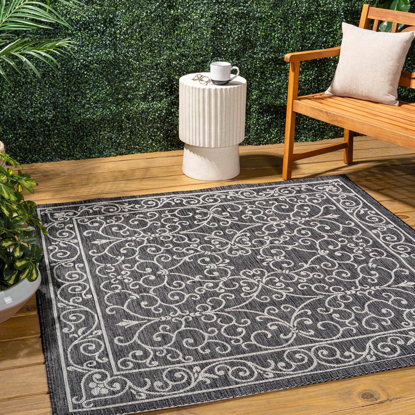 JONATHAN Y SMB106G-8SQ Charleston Vintage Filigree Textured Weave Black/Gray 8' Square Indoor/Outdoor Area Rug, Pet Friendly, Non-Shedding, Stain Resistant, Easy-Cleaning for Backyard, Patio, Porch