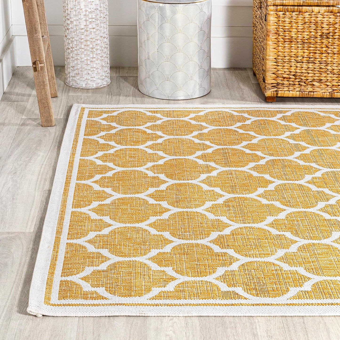Eyely BMS109F-3 Santa Monica Trebol Moroccan Trellis Textured Weave Indoor/Outdoor Area Rug Coastal;Bohemian, Bedroom, Backyard, Patio, Easy-Cleaning, Non-Shedding, 3 X 5, Yellow/Cream