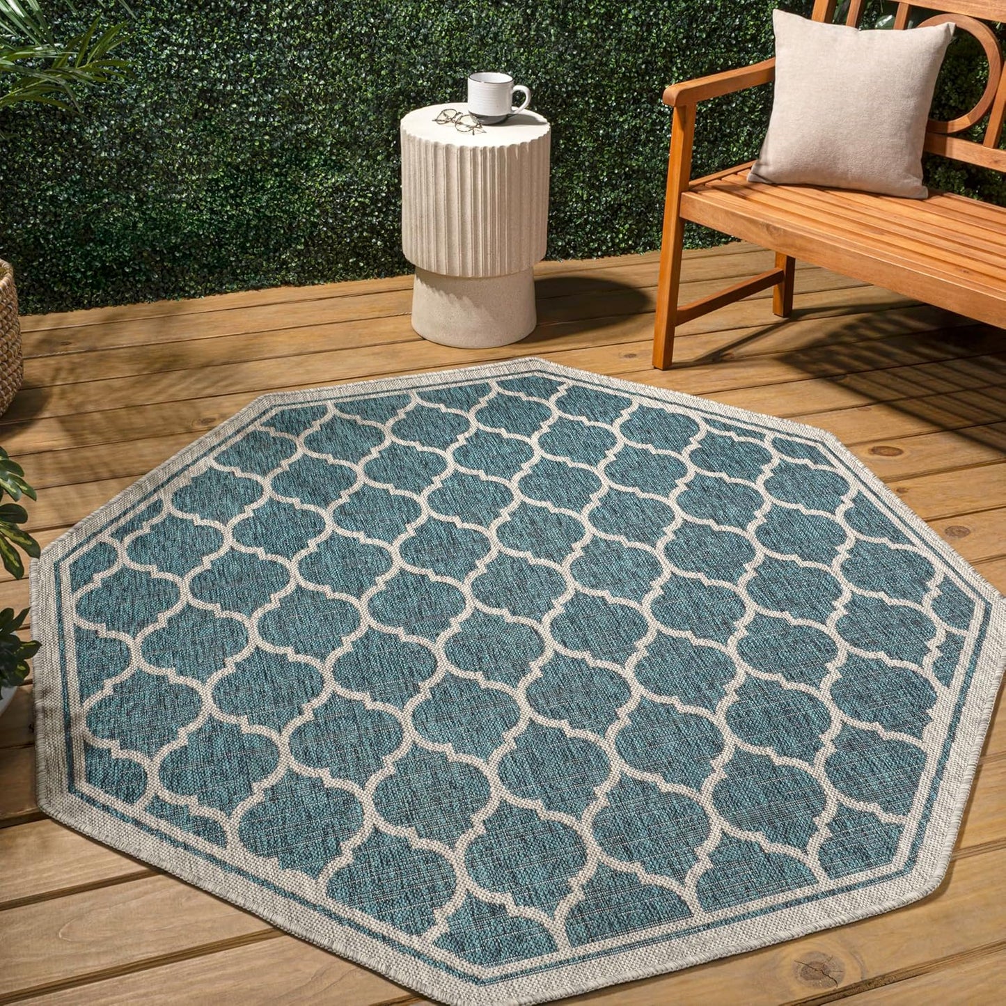 Eyely BMS109E-5TGN Trebol Moroccan Trellis Textured Weave Teal/Gray 5' Octagon Indoor/Outdoor Area Rug, Teal/Gray, 5' Octagon, Indoor/Outdoor, Area Rug
