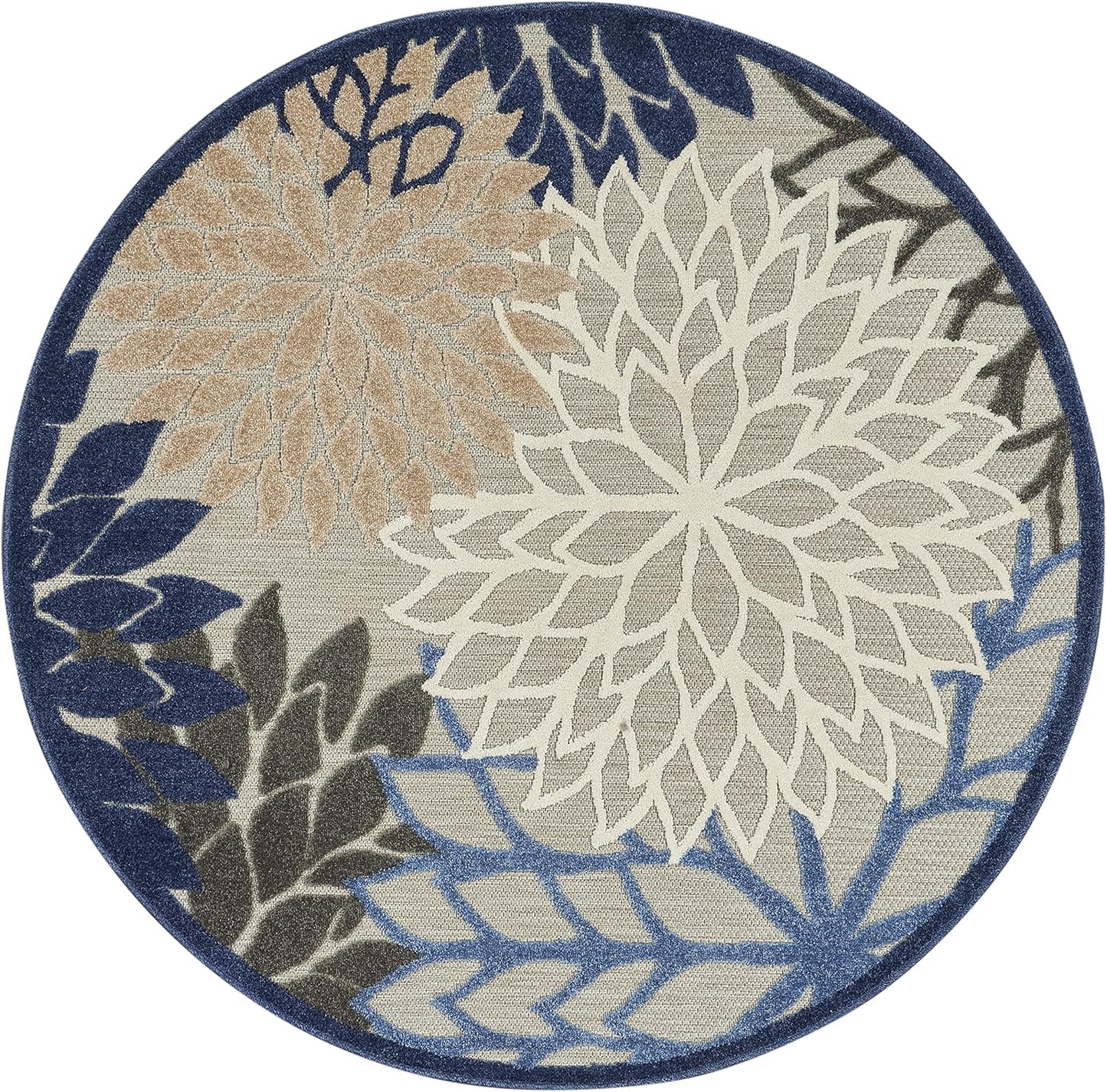 Nourison Aloha Indoor/Outdoor Blue/Multicolor 4' x Round Area Rug, Tropical, Botanical, Easy Cleaning, Non Shedding, Bed Room, Living Room, Dining Room, Deck, Backyard, Patio (4 Round)