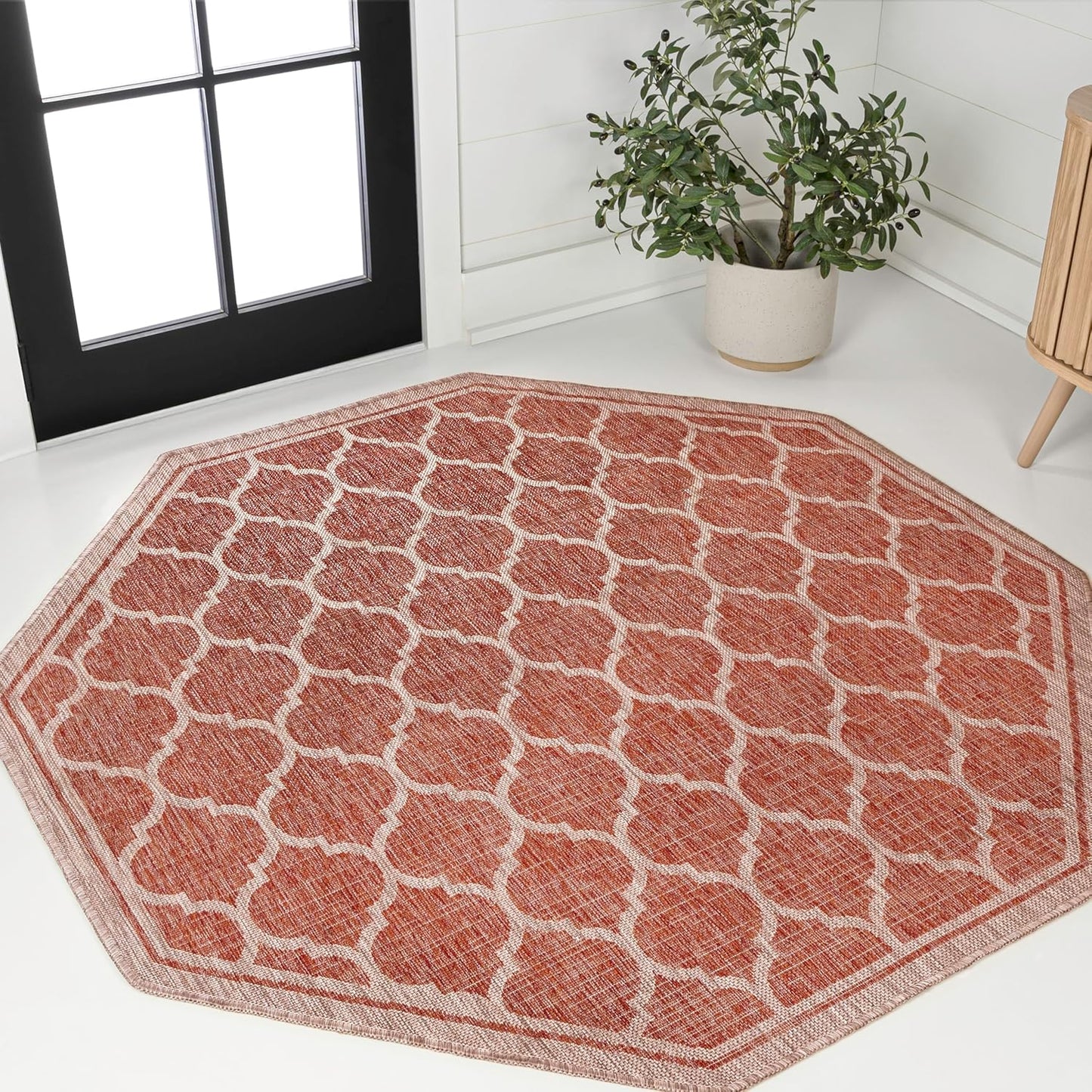 Eyely BMS109C-8TGN Trebol Moroccan Trellis Textured Weave Red/Beige 8' Octagon Indoor/Outdoor Area Rug, Red/Beige, 8' Octagon, Indoor/Outdoor, Area Rug