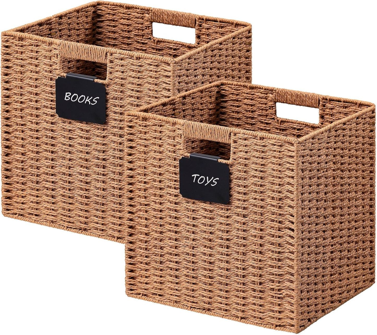 UBBCARE 2 Pack Wicker Basket, 13×13 Storage Cubes with Label, Foldable Cube Storage Bin with Handle, Square Storage Basket for Shelves, Woven Paper Rope Basket for Organizing, Caramel