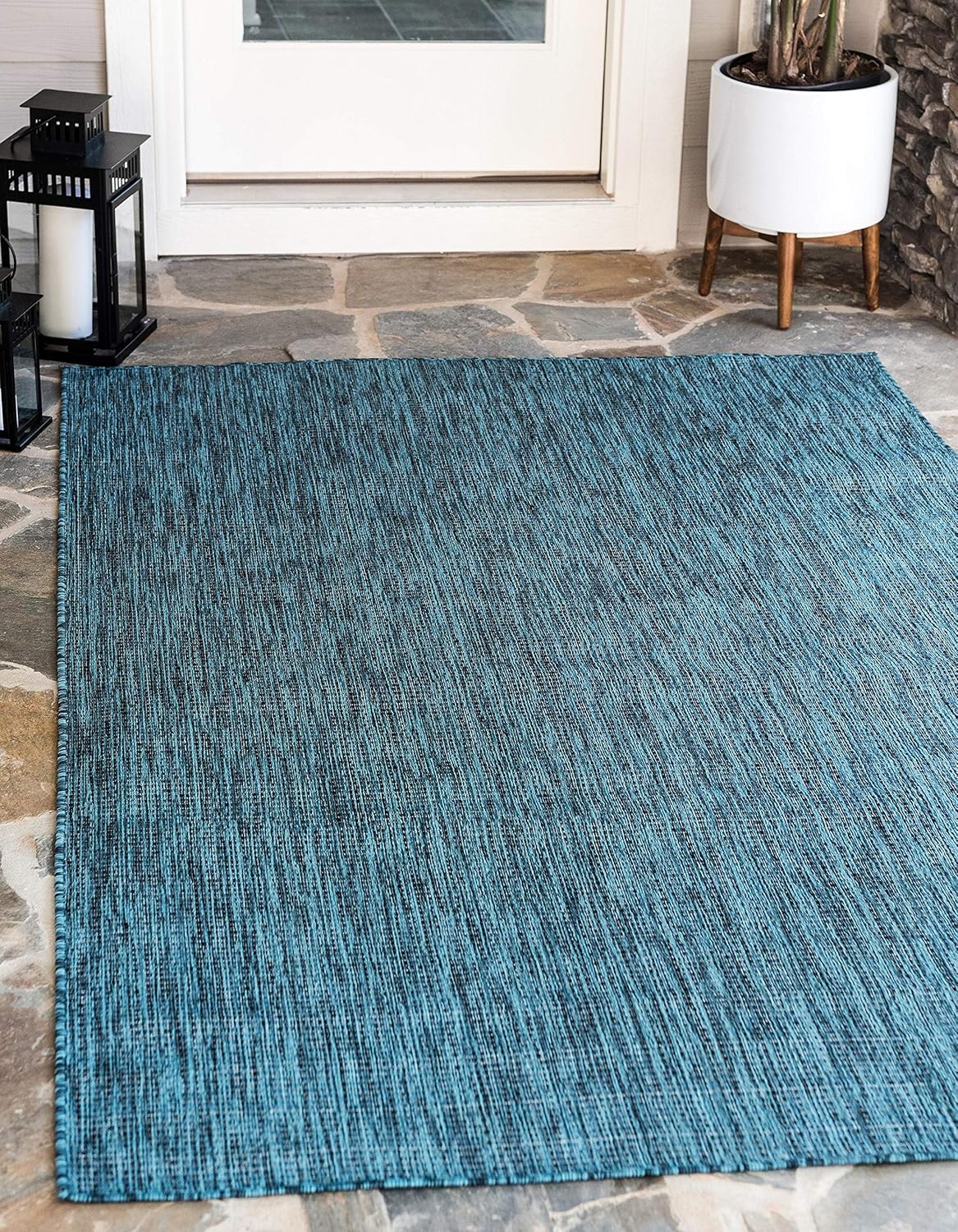 Unique Loom Collection Casual Transitional Solid Heathered Indoor/Outdoor Flatweave Area Rug (6' 1" x 9' Rectangle, Teal/Navy Blue)
