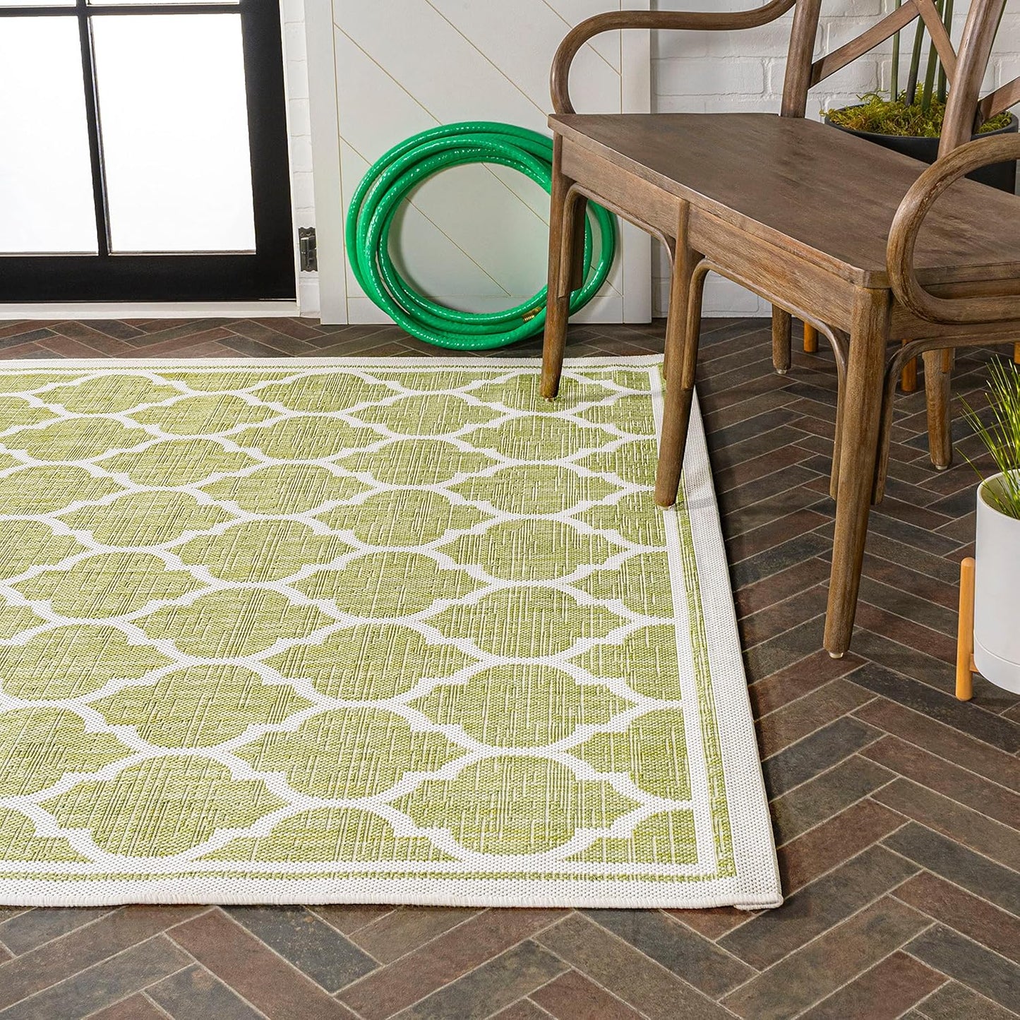 Eyely BMS109G-3 Santa Monica Trebol Moroccan Trellis Textured Weave Indoor/Outdoor Area Rug Coastal;Bohemian, Bedroom, Backyard, Patio, Easy-Cleaning, Non-Shedding, 3 X 5, Green/Cream