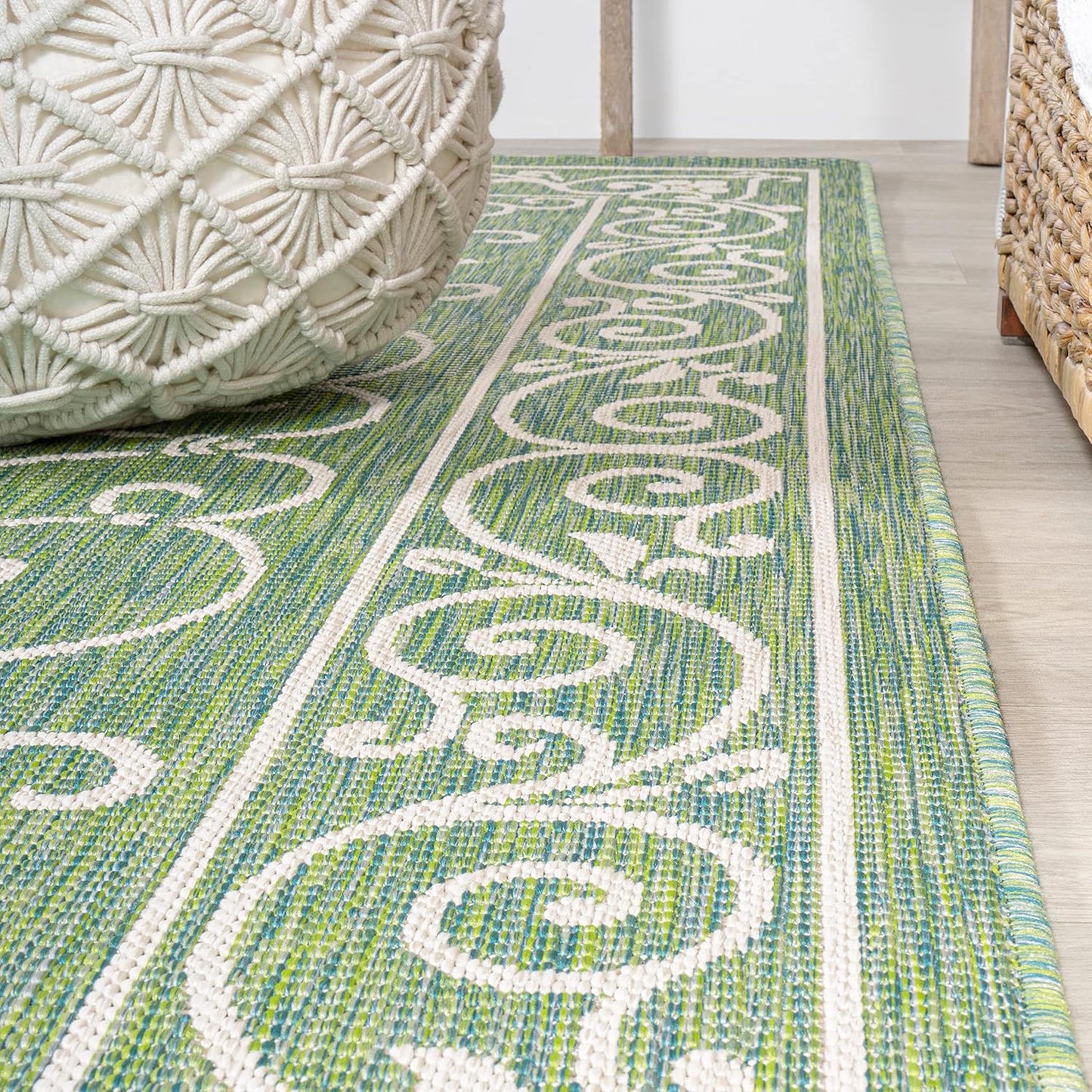 JONATHAN Y SMB106K-28 Charleston Vintage Filigree Textured Weave Indoor Outdoor Runner Rug, Classic, Traditional, Transitional Easy Clean,Bedroom,Kitchen,Backyard,Patio, Non-Shed, Green/Ivory, 2 X 8