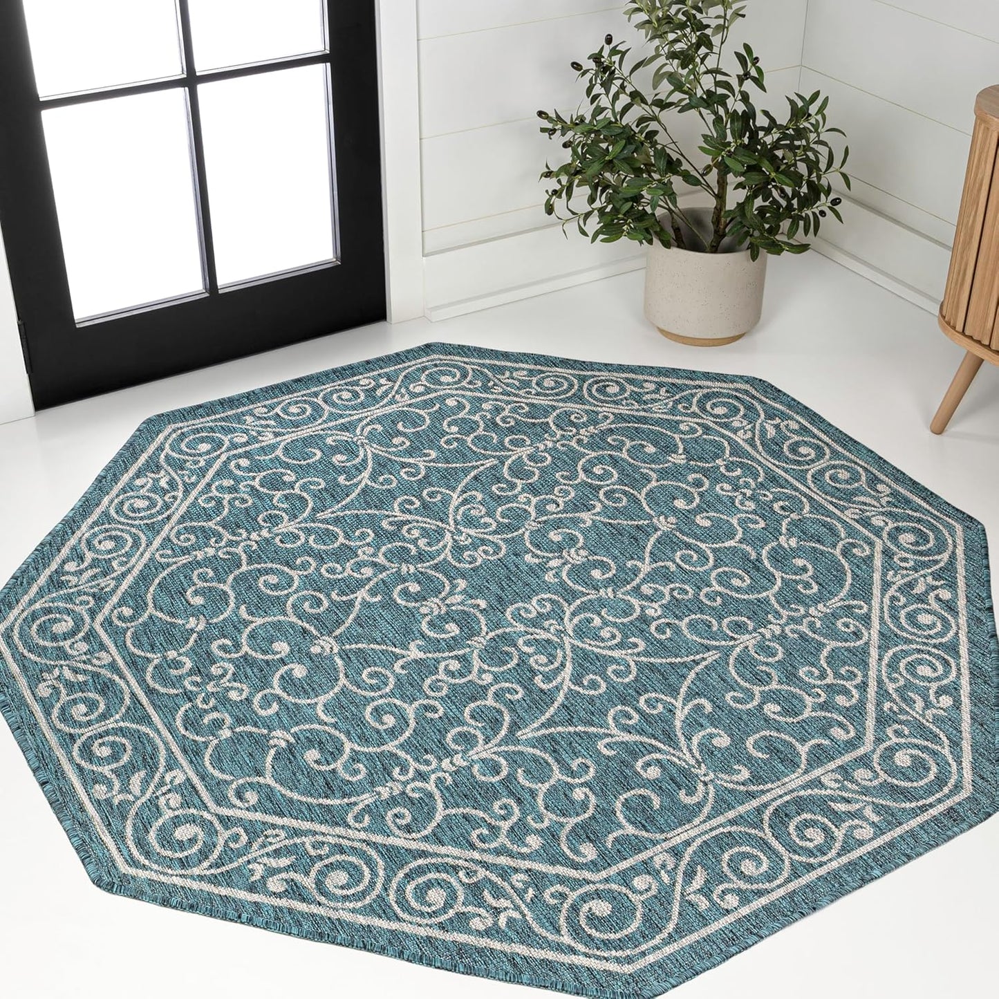 JONATHAN Y SMB106F-5TGN Charleston Vintage Filigree Textured Weave Teal/Gray 5' Octagon Indoor/Outdoor Area Rug, Non-Shedding, Stain Resistant,Fade Resistant, Easy-Cleaning for Backyard Patio, Porch
