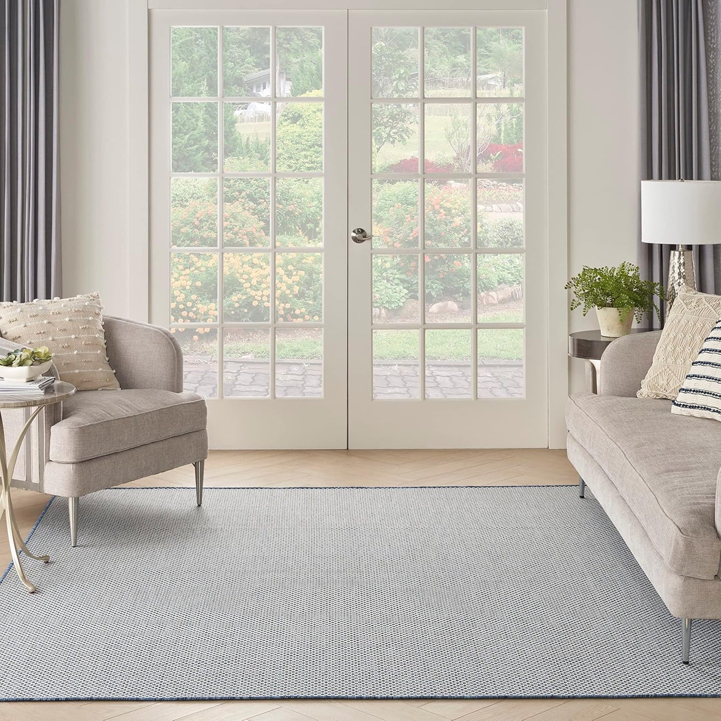 Nourison Home Courtyard Indoor/Outdoor Ivory Blue 8' x Square Area Rug, Easy Cleaning, Non Shedding, Bed Room, Living Room, Dining Room, Backyard, Deck, Patio (8 Square)