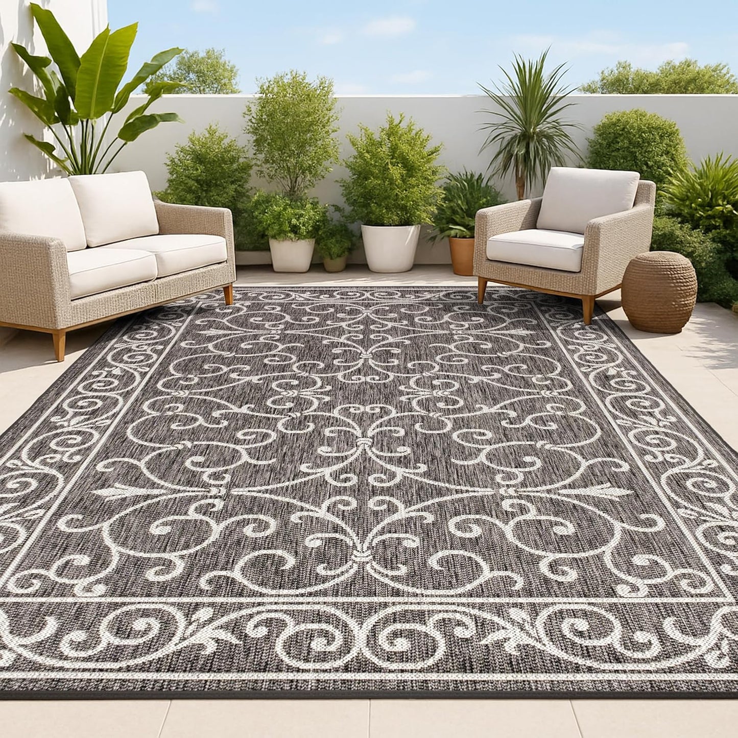 JONATHAN Y SMB106G-6 Charleston Vintage Filigree Textured Weave Black/Gray 6 ft. x 9 ft. Indoor/Outdoor Area Rug, Pet Friendly, Non-Shedding, Stain Resistant, Easy-Cleaning for Backyard, Patio, Porch