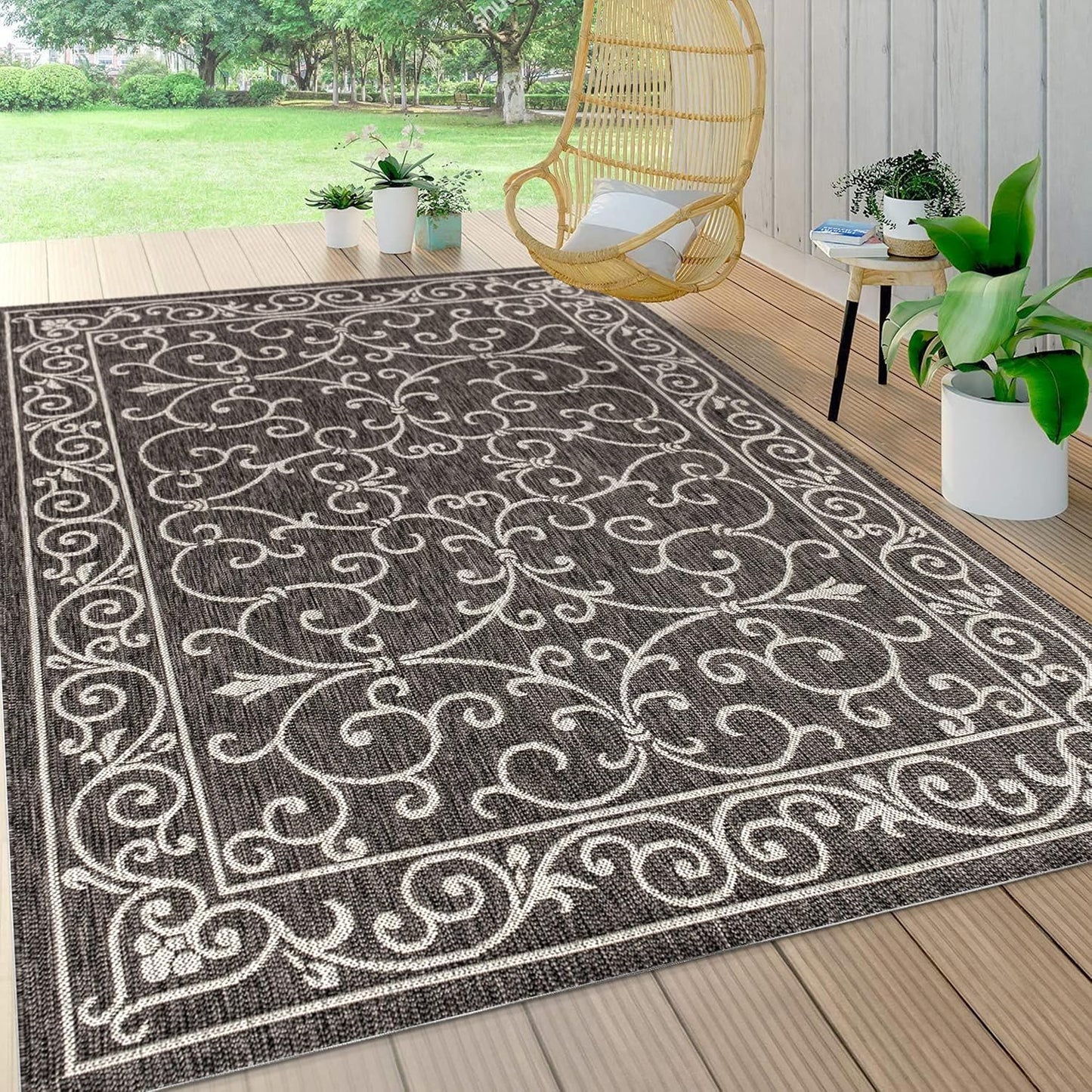 JONATHAN Y SMB106G-4 Charleston Vintage Filigree Textured Weave Indoor Outdoor Rug LivingRoom Backyard,4 X 6,Black/Gray
