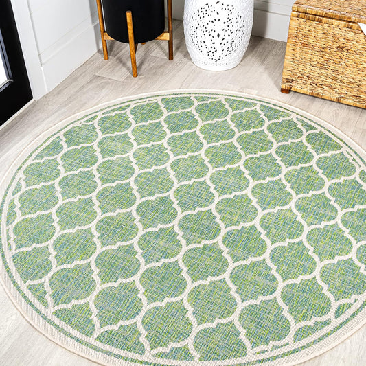 Eyely BMS109I-5R Santa Monica Trebol Moroccan Trellis Textured Weave Indoor/Outdoor Area Rug Coastal;Bohemian, Bedroom, Backyard, Patio, Easy-Cleaning, Non-Shedding, 5' Round, Cream/Green