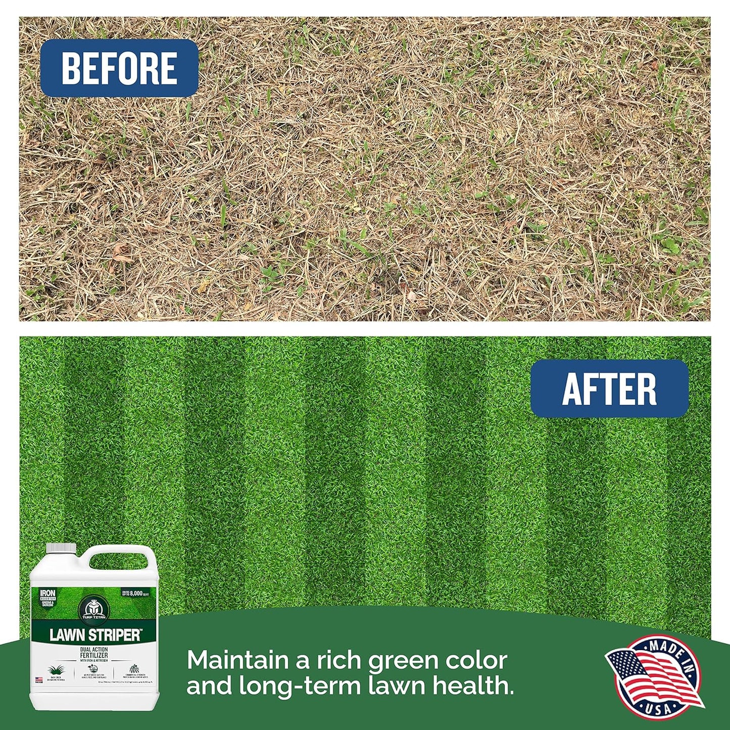 Turf Titan Lawn Striper - Iron & Nitrogen Fertilizer to Promote Dark-Green, Stripe-Defined Turfs - Kids & Pet Safe, Natural Lawn Fertilizer - Stunning Green Grass Fertilizer - Covers up to 8,000 Sq Ft